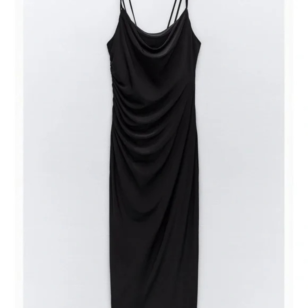 Zara Draped Black Satin Midi Dress